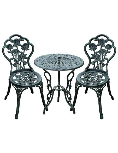 Outsunny Cast Aluminium Outdoor Patio Garden Bistro Elegant Design Table Chair Set - Green (3-Piece)