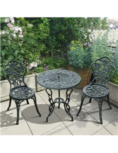 Outsunny Cast Aluminium Outdoor Patio Garden Bistro Elegant Design Table Chair Set - Green (3-Piece) 2