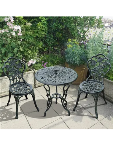 Outsunny Cast Aluminium Outdoor Patio Garden Bistro Elegant Design Table Chair Set - Green (3-Piece)