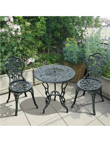 Outsunny Cast Aluminium Outdoor Patio Garden Bistro Elegant Design Table Chair Set - Green (3-Piece)