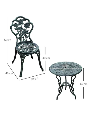 Outsunny Cast Aluminium Outdoor Patio Garden Bistro Elegant Design Table Chair Set - Green (3-Piece)