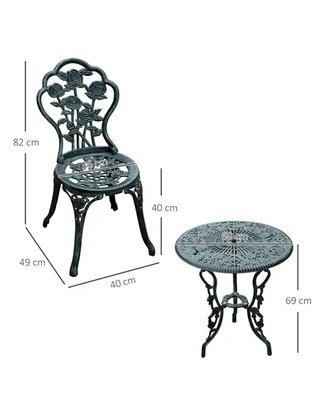 Outsunny Cast Aluminium Outdoor Patio Garden Bistro Elegant Design Table Chair Set - Green (3-Piece)