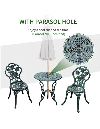 Outsunny Cast Aluminium Outdoor Patio Garden Bistro Elegant Design Table Chair Set - Green (3-Piece)