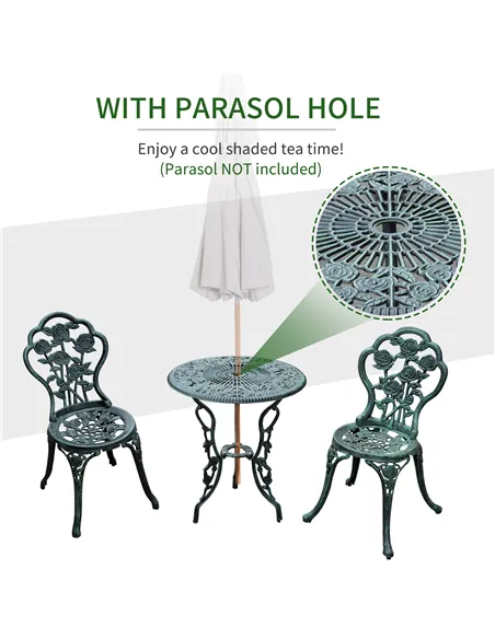 Outsunny Cast Aluminium Outdoor Patio Garden Bistro Elegant Design Table Chair Set - Green (3-Piece)