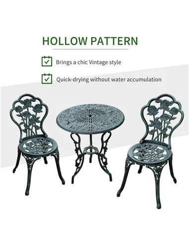 Outsunny Cast Aluminium Outdoor Patio Garden Bistro Elegant Design Table Chair Set - Green (3-Piece)