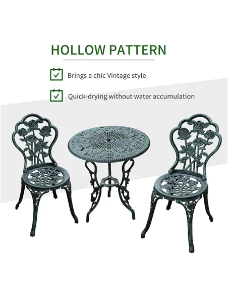 Outsunny Cast Aluminium Outdoor Patio Garden Bistro Elegant Design Table Chair Set - Green (3-Piece)