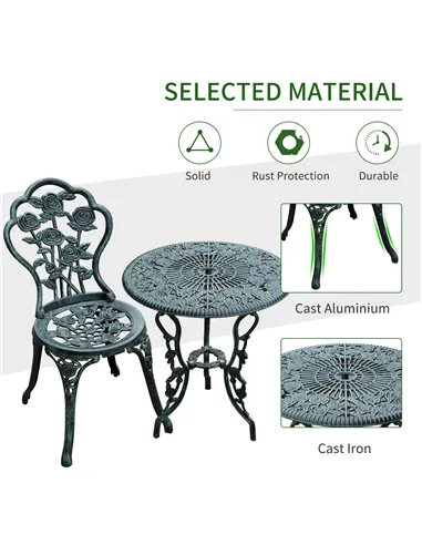 Outsunny Cast Aluminium Outdoor Patio Garden Bistro Elegant Design Table Chair Set - Green (3-Piece)
