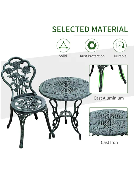 Outsunny Cast Aluminium Outdoor Patio Garden Bistro Elegant Design Table Chair Set - Green (3-Piece)