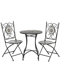 Outsunny 3 Pcs Mosaic Tile Garden Bistro Set Outdoor Seating w/ Table 2 Folding Chairs Set Metal Frame Elegant Scrolling Indoor 