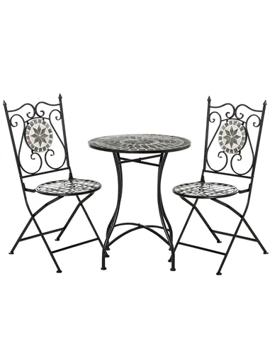 Outsunny 3 Pcs Mosaic Tile Garden Bistro Set Outdoor Seating w/ Table 2 Folding Chairs Set Metal Frame Elegant Scrolling Indoor 