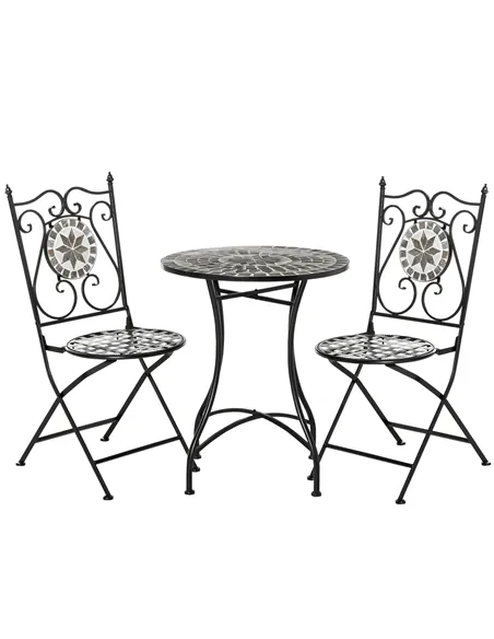 Outsunny 3 Pcs Mosaic Tile Garden Bistro Set Outdoor Seating w/ Table 2 Folding Chairs Set Metal Frame Elegant Scrolling Indoor 