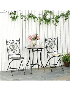 Outsunny 3 Pcs Mosaic Tile Garden Bistro Set Outdoor Seating w/ Table 2 Folding Chairs Set Metal Frame Elegant Scrolling Indoor  2