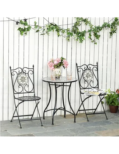Outsunny 3 Pcs Mosaic Tile Garden Bistro Set Outdoor Seating w/ Table 2 Folding Chairs Set Metal Frame Elegant Scrolling Indoor 