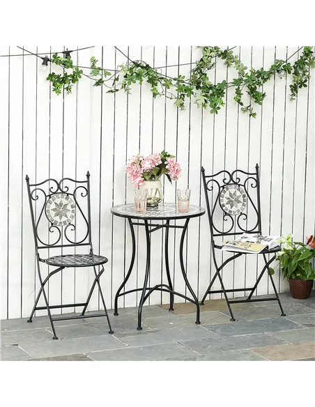 Outsunny 3 Pcs Mosaic Tile Garden Bistro Set Outdoor Seating w/ Table 2 Folding Chairs Set Metal Frame Elegant Scrolling Indoor 