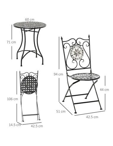 Outsunny 3 Pcs Mosaic Tile Garden Bistro Set Outdoor Seating w/ Table 2 Folding Chairs Set Metal Frame Elegant Scrolling Indoor 