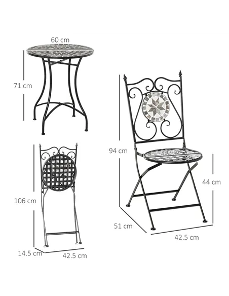 Outsunny 3 Pcs Mosaic Tile Garden Bistro Set Outdoor Seating w/ Table 2 Folding Chairs Set Metal Frame Elegant Scrolling Indoor 