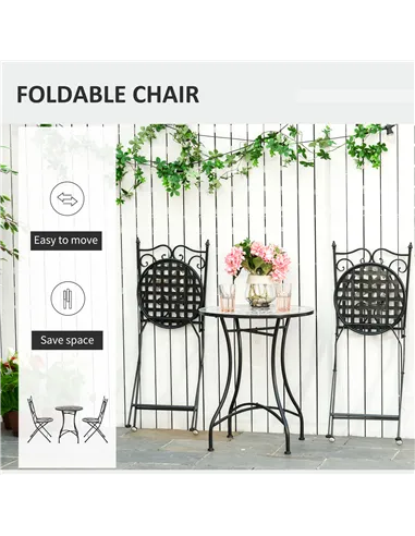 Outsunny 3 Pcs Mosaic Tile Garden Bistro Set Outdoor Seating w/ Table 2 Folding Chairs Set Metal Frame Elegant Scrolling Indoor 