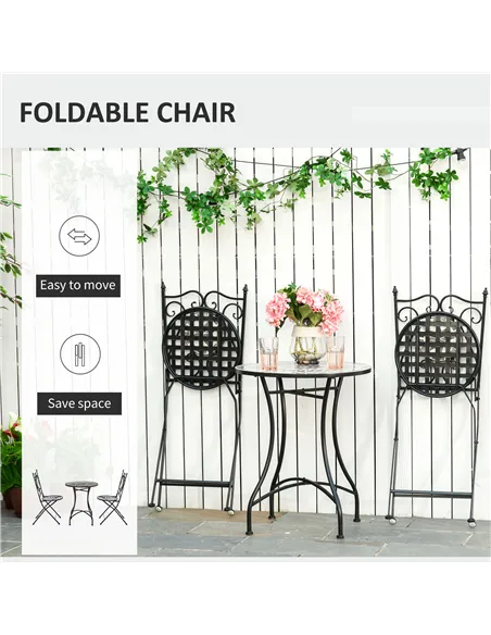 Outsunny 3 Pcs Mosaic Tile Garden Bistro Set Outdoor Seating w/ Table 2 Folding Chairs Set Metal Frame Elegant Scrolling Indoor 