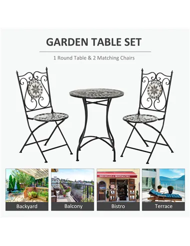 Outsunny 3 Pcs Mosaic Tile Garden Bistro Set Outdoor Seating w/ Table 2 Folding Chairs Set Metal Frame Elegant Scrolling Indoor 