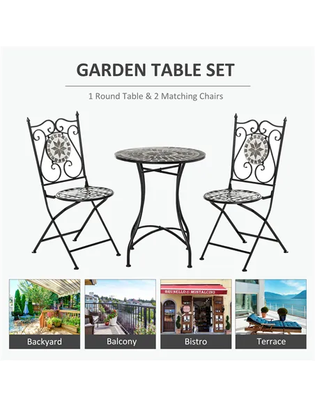 Outsunny 3 Pcs Mosaic Tile Garden Bistro Set Outdoor Seating w/ Table 2 Folding Chairs Set Metal Frame Elegant Scrolling Indoor 