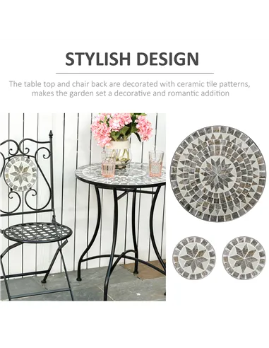Outsunny 3 Pcs Mosaic Tile Garden Bistro Set Outdoor Seating w/ Table 2 Folding Chairs Set Metal Frame Elegant Scrolling Indoor 