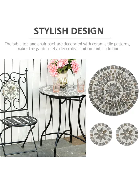 Outsunny 3 Pcs Mosaic Tile Garden Bistro Set Outdoor Seating w/ Table 2 Folding Chairs Set Metal Frame Elegant Scrolling Indoor 
