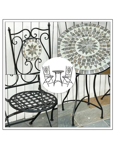Outsunny 3 Pcs Mosaic Tile Garden Bistro Set Outdoor Seating w/ Table 2 Folding Chairs Set Metal Frame Elegant Scrolling Indoor 