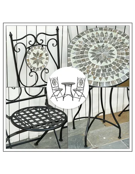 Outsunny 3 Pcs Mosaic Tile Garden Bistro Set Outdoor Seating w/ Table 2 Folding Chairs Set Metal Frame Elegant Scrolling Indoor 