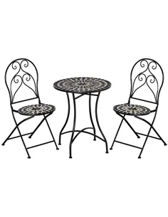 Outsunny 3 Pieces Garden Bistro Set with Coffee Table and 2 Folding Single Chairs, Mosaic Garden Table Top and Seats, Metal Fram