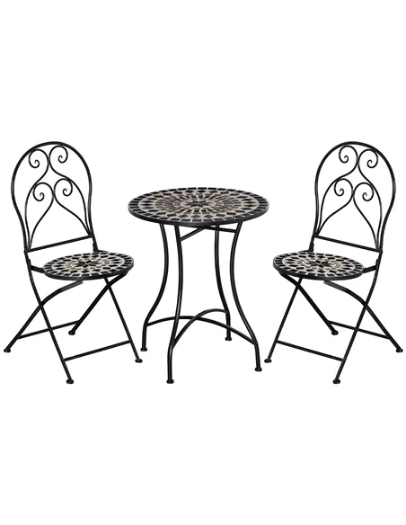 Outsunny 3 Pieces Garden Bistro Set with Coffee Table and 2 Folding Single Chairs, Mosaic Garden Table Top and Seats, Metal Fram