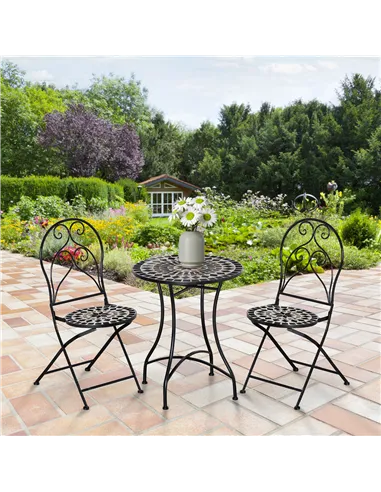 Outsunny 3 Pieces Garden Bistro Set with Coffee Table and 2 Folding Single Chairs, Mosaic Garden Table Top and Seats, Metal Fram