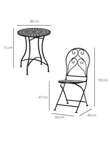 Outsunny 3 Pieces Garden Bistro Set with Coffee Table and 2 Folding Single Chairs, Mosaic Garden Table Top and Seats, Metal Fram