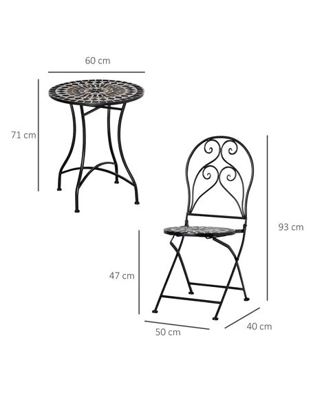 Outsunny 3 Pieces Garden Bistro Set with Coffee Table and 2 Folding Single Chairs, Mosaic Garden Table Top and Seats, Metal Fram