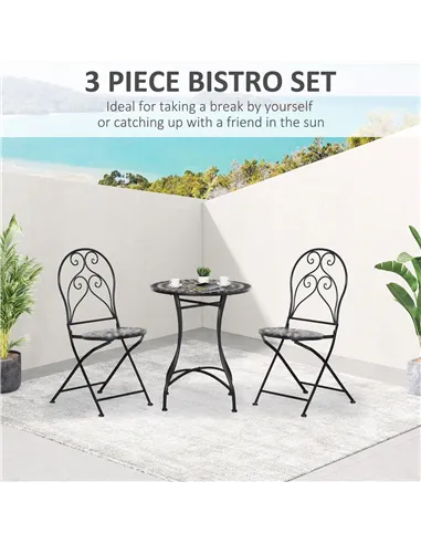 Outsunny 3 Pieces Garden Bistro Set with Coffee Table and 2 Folding Single Chairs, Mosaic Garden Table Top and Seats, Metal Fram