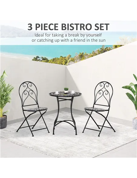 Outsunny 3 Pieces Garden Bistro Set with Coffee Table and 2 Folding Single Chairs, Mosaic Garden Table Top and Seats, Metal Fram