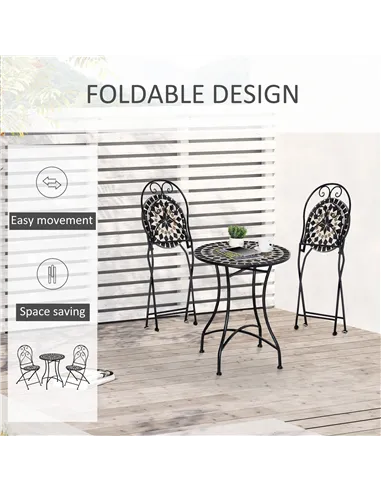 Outsunny 3 Pieces Garden Bistro Set with Coffee Table and 2 Folding Single Chairs, Mosaic Garden Table Top and Seats, Metal Fram