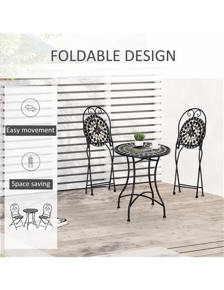 Outsunny 3 Pieces Garden Bistro Set with Coffee Table and 2 Folding Single Chairs, Mosaic Garden Table Top and Seats, Metal Fram