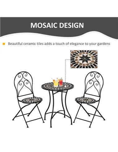 Outsunny 3 Pieces Garden Bistro Set with Coffee Table and 2 Folding Single Chairs, Mosaic Garden Table Top and Seats, Metal Fram