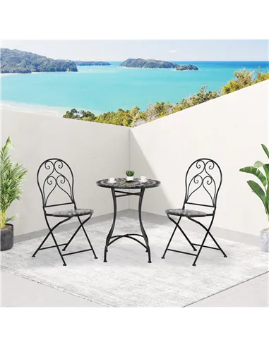 Outsunny 3 Pieces Garden Bistro Set with Coffee Table and 2 Folding Single Chairs, Mosaic Garden Table Top and Seats, Metal Fram