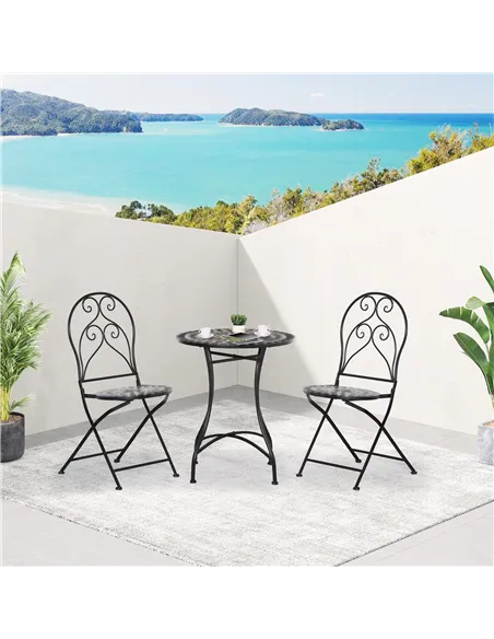 Outsunny 3 Pieces Garden Bistro Set with Coffee Table and 2 Folding Single Chairs, Mosaic Garden Table Top and Seats, Metal Fram
