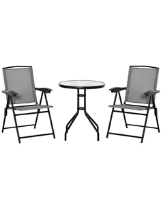 Outsunny 3 Piece Outdoor Bistro Set, Patio Conversation Furniture Set with 2 Folding Backrest Adjustable Armchairs and Glass Top