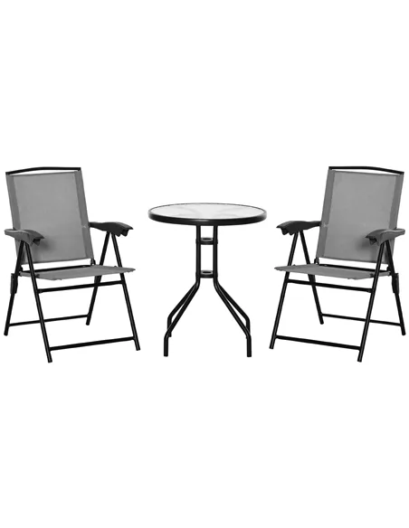Outsunny 3 Piece Outdoor Bistro Set, Patio Conversation Furniture Set with 2 Folding Backrest Adjustable Armchairs and Glass Top