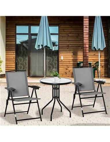 Outsunny 3 Piece Outdoor Bistro Set, Patio Conversation Furniture Set with 2 Folding Backrest Adjustable Armchairs and Glass Top