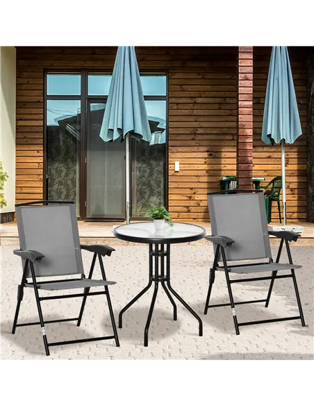 Outsunny 3 Piece Outdoor Bistro Set, Patio Conversation Furniture Set with 2 Folding Backrest Adjustable Armchairs and Glass Top