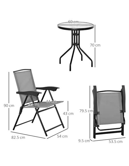 Outsunny 3 Piece Outdoor Bistro Set, Patio Conversation Furniture Set with 2 Folding Backrest Adjustable Armchairs and Glass Top