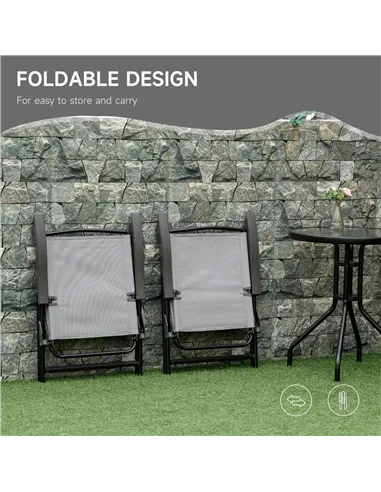 Outsunny 3 Piece Outdoor Bistro Set, Patio Conversation Furniture Set with 2 Folding Backrest Adjustable Armchairs and Glass Top