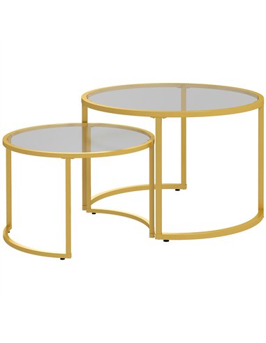 HOMCOM Coffee Table Set of 2, Modern Nest of Tables with Tempered Glass Top, Steel Frame for Living Room, Gold Tone