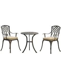 Outsunny 3pc Cast Aluminium Garden Bistro Set for 2 with Parasol Hole, Outdoor Coffee Table Set Rust Resistant with Cushions, Br