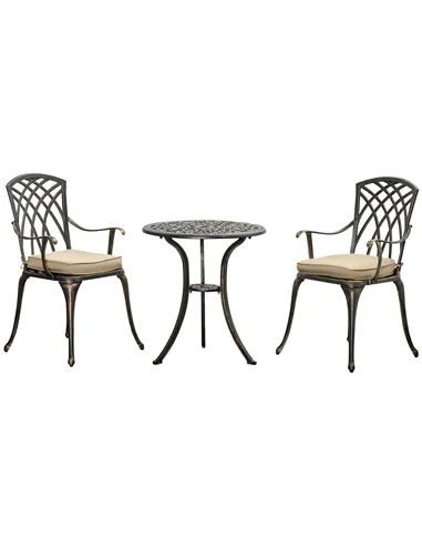 Outsunny 3pc Cast Aluminium Garden Bistro Set for 2 with Parasol Hole, Outdoor Coffee Table Set Rust Resistant with Cushions, Br