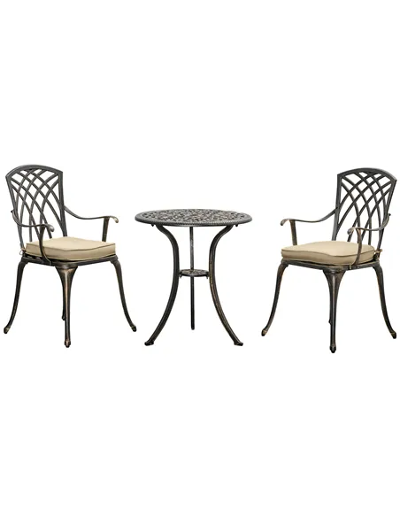 Outsunny 3pc Cast Aluminium Garden Bistro Set for 2 with Parasol Hole, Outdoor Coffee Table Set Rust Resistant with Cushions, Br
